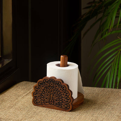 Brown - 'The Dancing Peacock' Hand Carved Sheesham Wood Tissue Roll Holder