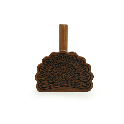 Brown - 'The Dancing Peacock' Hand Carved Sheesham Wood Tissue Roll Holder
