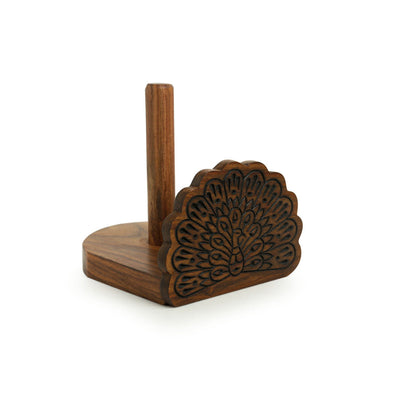 Brown - 'The Dancing Peacock' Hand Carved Sheesham Wood Tissue Roll Holder