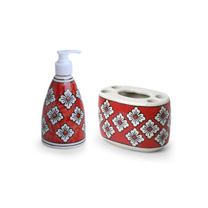 'Crimson Lily' Handpainted Bathroom Accessory Set In Ceramic (Liquid Soap Dispenser, Toothbrush Holder)
