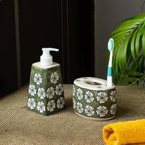 'Jade Mogra' Handpainted Bathroom Accessory Set In Ceramic (Liquid Soap Dispenser, Toothbrush Holder)