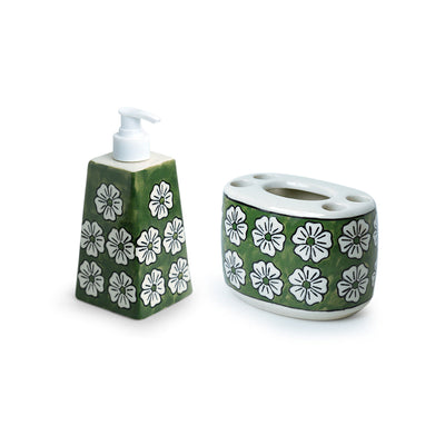 'Jade Mogra' Handpainted Bathroom Accessory Set In Ceramic (Liquid Soap Dispenser, Toothbrush Holder)