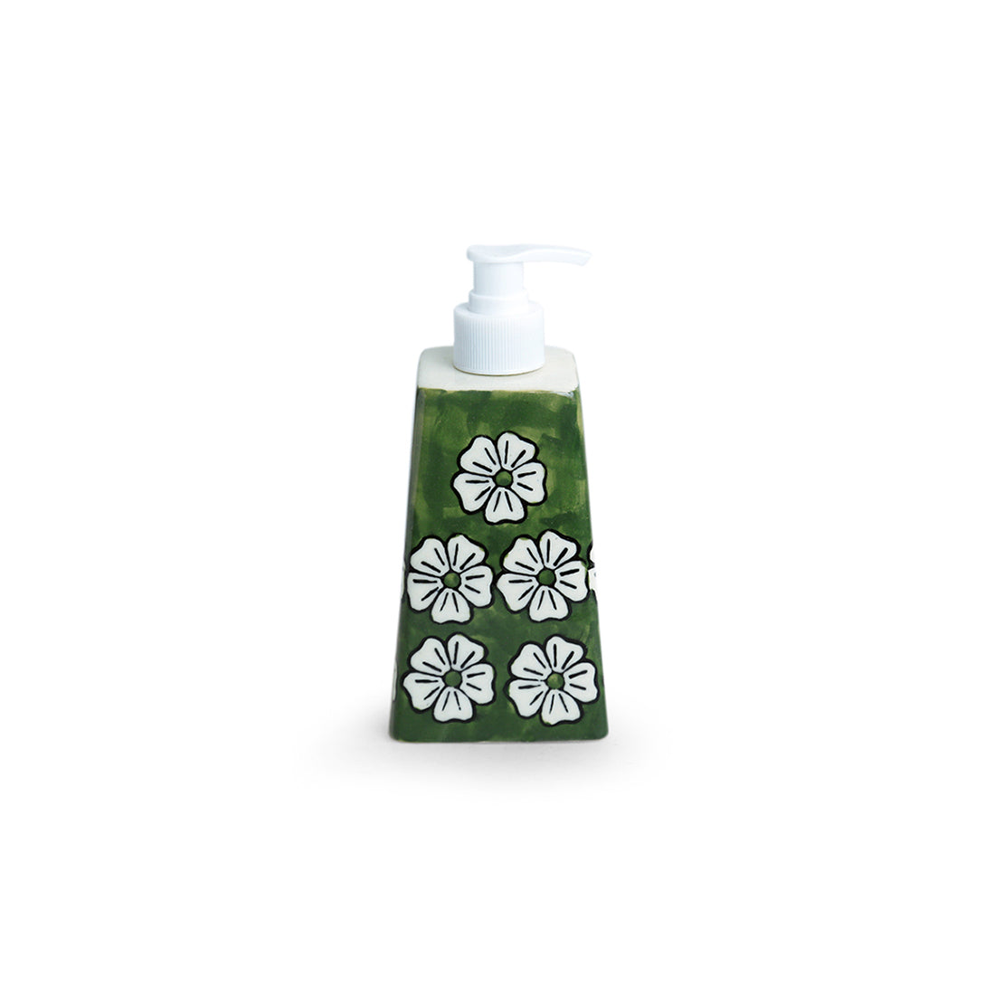 'Jade Mogra' Handpainted Bathroom Accessory Set In Ceramic (Liquid Soap Dispenser, Toothbrush Holder)
