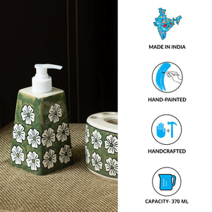 'Jade Mogra' Handpainted Bathroom Accessory Set In Ceramic (Liquid Soap Dispenser, Toothbrush Holder)