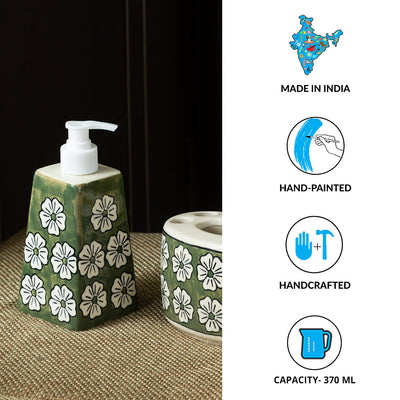 'Jade Mogra' Handpainted Bathroom Accessory Set In Ceramic (Liquid Soap Dispenser, Toothbrush Holder)