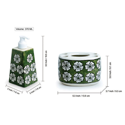 'Jade Mogra' Handpainted Bathroom Accessory Set In Ceramic (Liquid Soap Dispenser, Toothbrush Holder)