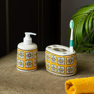 'Honey Marigold' Handpainted Bathroom Accessory Set In Ceramic (Liquid Soap Dispenser, Toothbrush Holder)