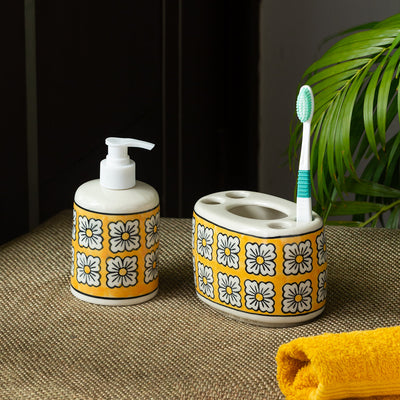 'Honey Marigold' Handpainted Bathroom Accessory Set In Ceramic (Liquid Soap Dispenser, Toothbrush Holder)
