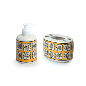 'Honey Marigold' Handpainted Bathroom Accessory Set In Ceramic (Liquid Soap Dispenser, Toothbrush Holder)