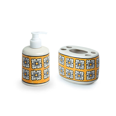 'Honey Marigold' Handpainted Bathroom Accessory Set In Ceramic (Liquid Soap Dispenser, Toothbrush Holder)