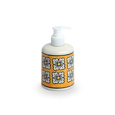 'Honey Marigold' Handpainted Bathroom Accessory Set In Ceramic (Liquid Soap Dispenser, Toothbrush Holder)
