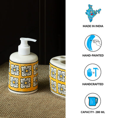 'Honey Marigold' Handpainted Bathroom Accessory Set In Ceramic (Liquid Soap Dispenser, Toothbrush Holder)