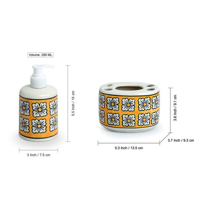 'Honey Marigold' Handpainted Bathroom Accessory Set In Ceramic (Liquid Soap Dispenser, Toothbrush Holder)