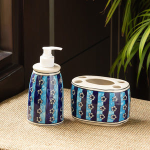 'Magical Magnolia' Handpainted Bathroom Accessory Set In Ceramic (Liquid Soap Dispenser, Toothbrush Holder)