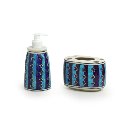 'Magical Magnolia' Handpainted Bathroom Accessory Set In Ceramic (Liquid Soap Dispenser, Toothbrush Holder)
