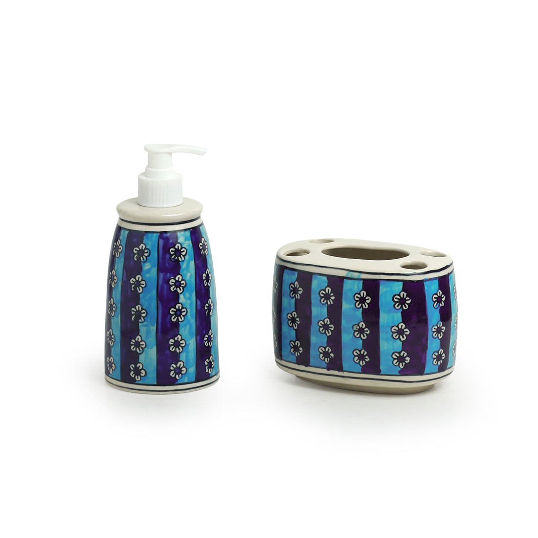 'Magical Magnolia' Handpainted Bathroom Accessory Set In Ceramic (Liquid Soap Dispenser, Toothbrush Holder)