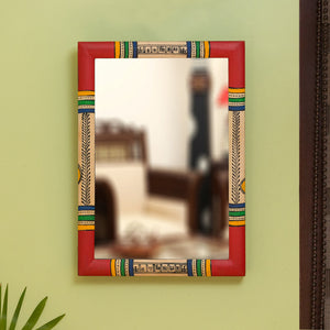 Warli Handpainted Wall Mirror In Pine Wood (10 Inch)
