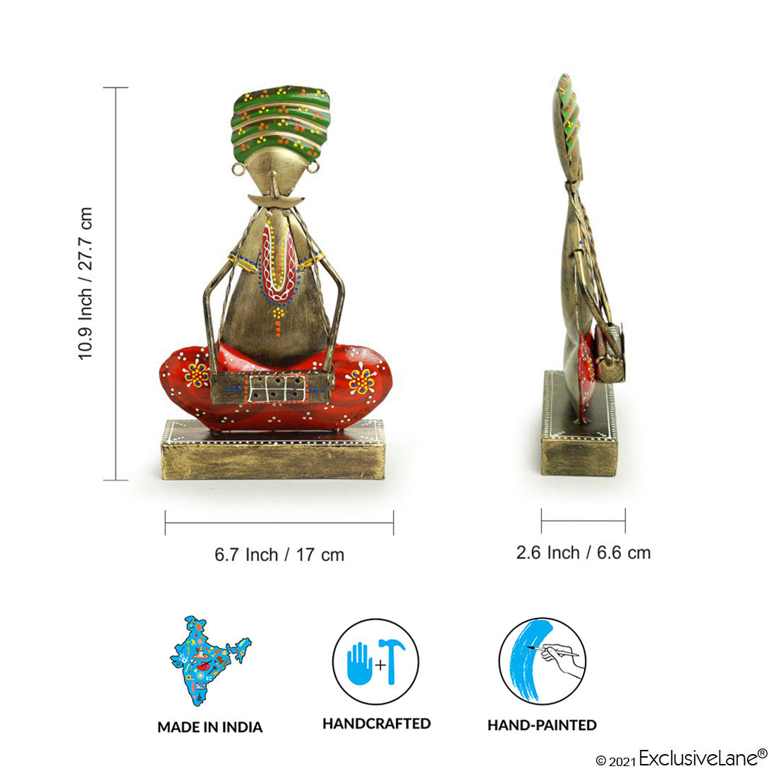 'Rajasthani Folk Artist' Handpainted Decorative Showpiece (11 Inch, Iron)