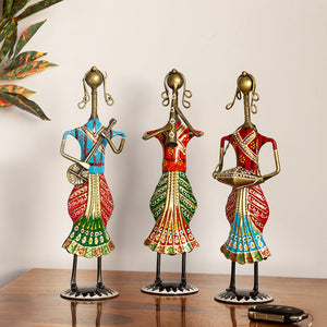 'Rajasthani Tribal Lady Musicians' Handpainted Decorative Showpieces (12 Inch, Set of 3, Iron)