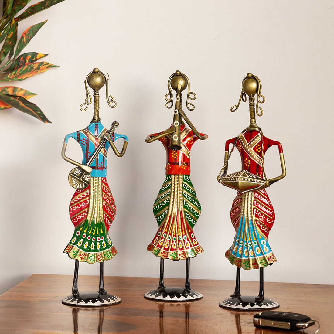 'Rajasthani Tribal Lady Musicians' Handpainted Decorative Showpieces (12 Inch, Set of 3, Iron)