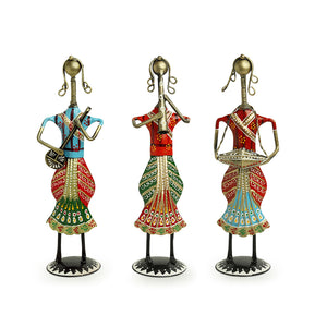 'Rajasthani Tribal Lady Musicians' Handpainted Decorative Showpieces (12 Inch, Set of 3, Iron)
