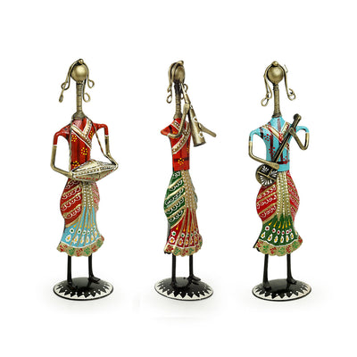 'Rajasthani Tribal Lady Musicians' Handpainted Decorative Showpieces (12 Inch, Set of 3, Iron)