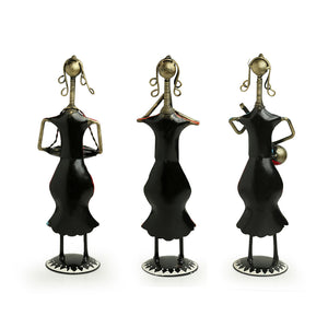 'Rajasthani Tribal Lady Musicians' Handpainted Decorative Showpieces (12 Inch, Set of 3, Iron)