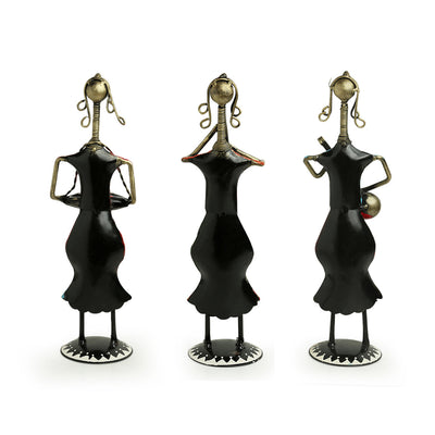 'Rajasthani Tribal Lady Musicians' Handpainted Decorative Showpieces (12 Inch, Set of 3, Iron)