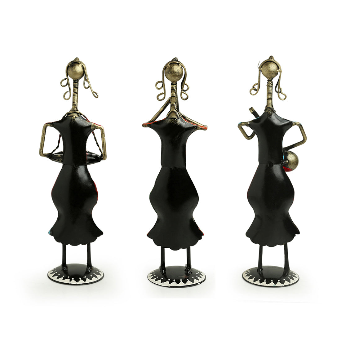 'Rajasthani Tribal Lady Musicians' Handpainted Decorative Showpieces (12 Inch, Set of 3, Iron)