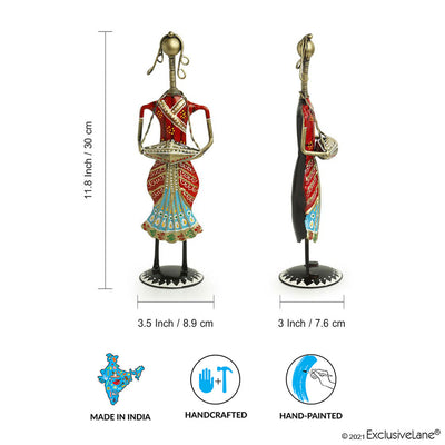 'Rajasthani Tribal Lady Musicians' Handpainted Decorative Showpieces (12 Inch, Set of 3, Iron)