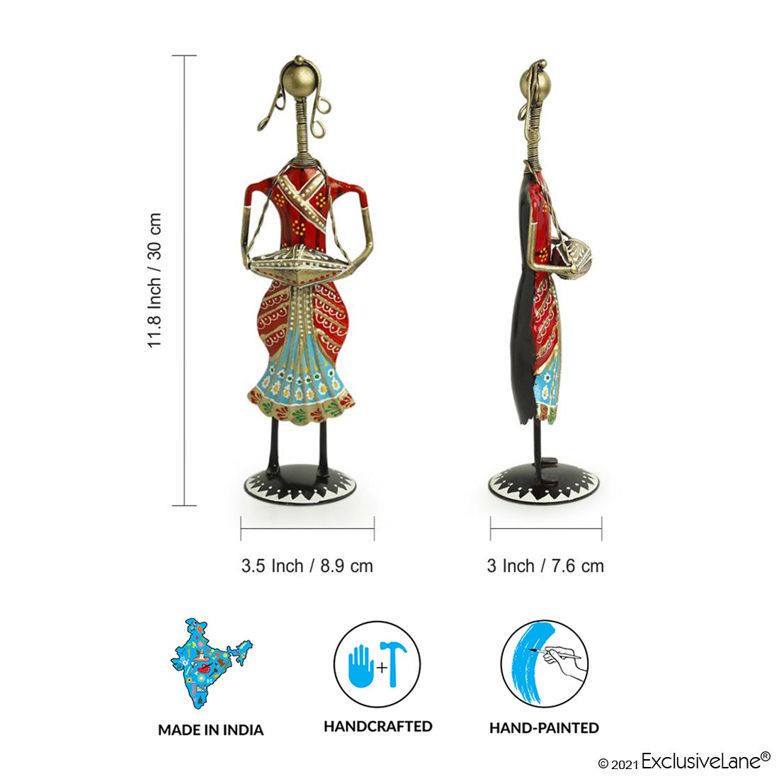 'Rajasthani Tribal Lady Musicians' Handpainted Decorative Showpieces (12 Inch, Set of 3, Iron)