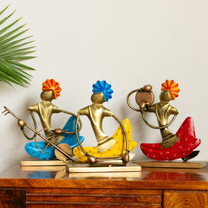'Folk Music Mahotsav' Handpainted Decorative Showpieces (Set of 3, Iron, 8 Inch)