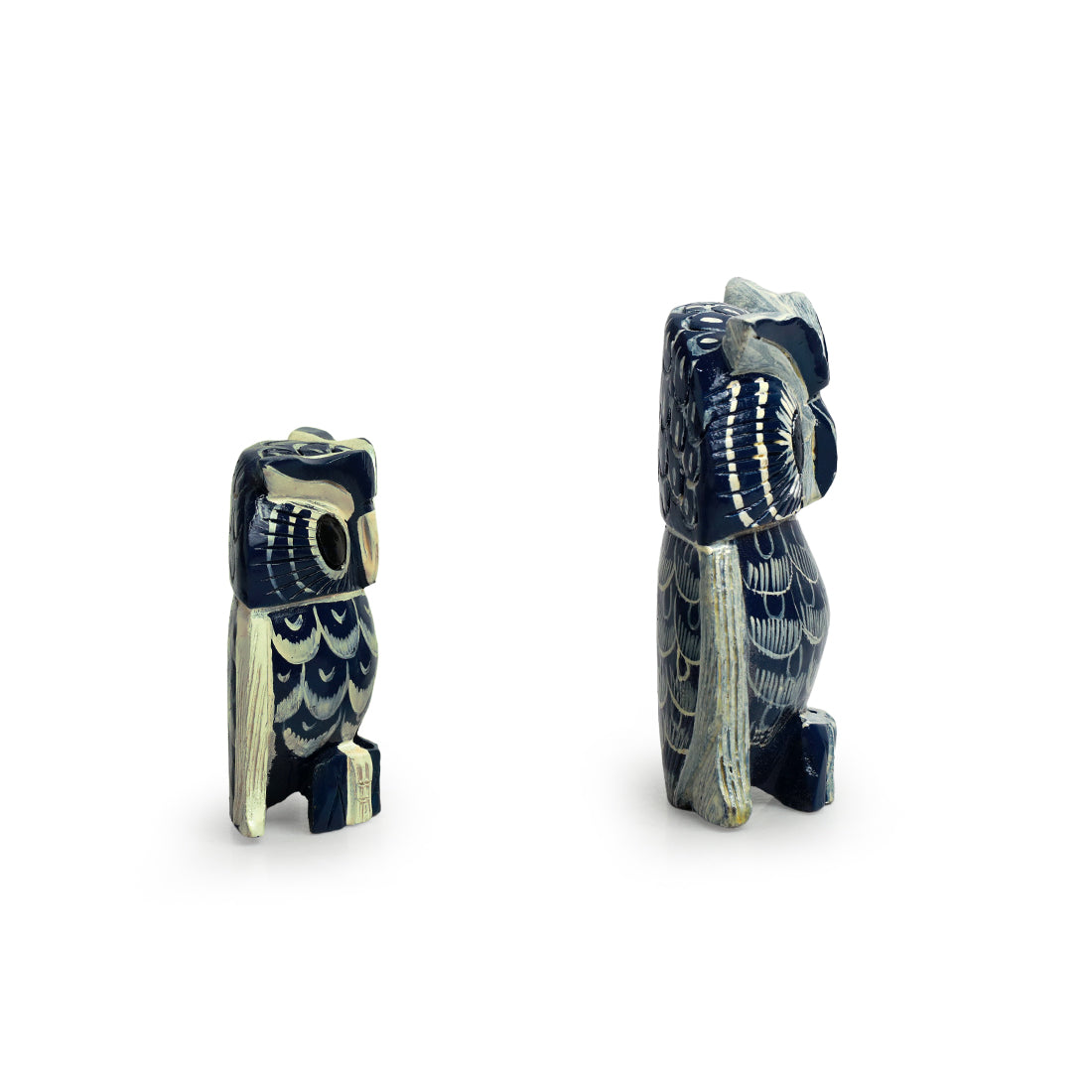'The Resting Owl Pair' Handpainted Showpiece In Eucalyptus Wood (Set of 2)
