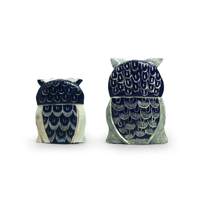 'The Resting Owl Pair' Handpainted Showpiece In Eucalyptus Wood (Set of 2)