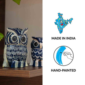 'The Resting Owl Pair' Handpainted Showpiece In Eucalyptus Wood (Set of 2)