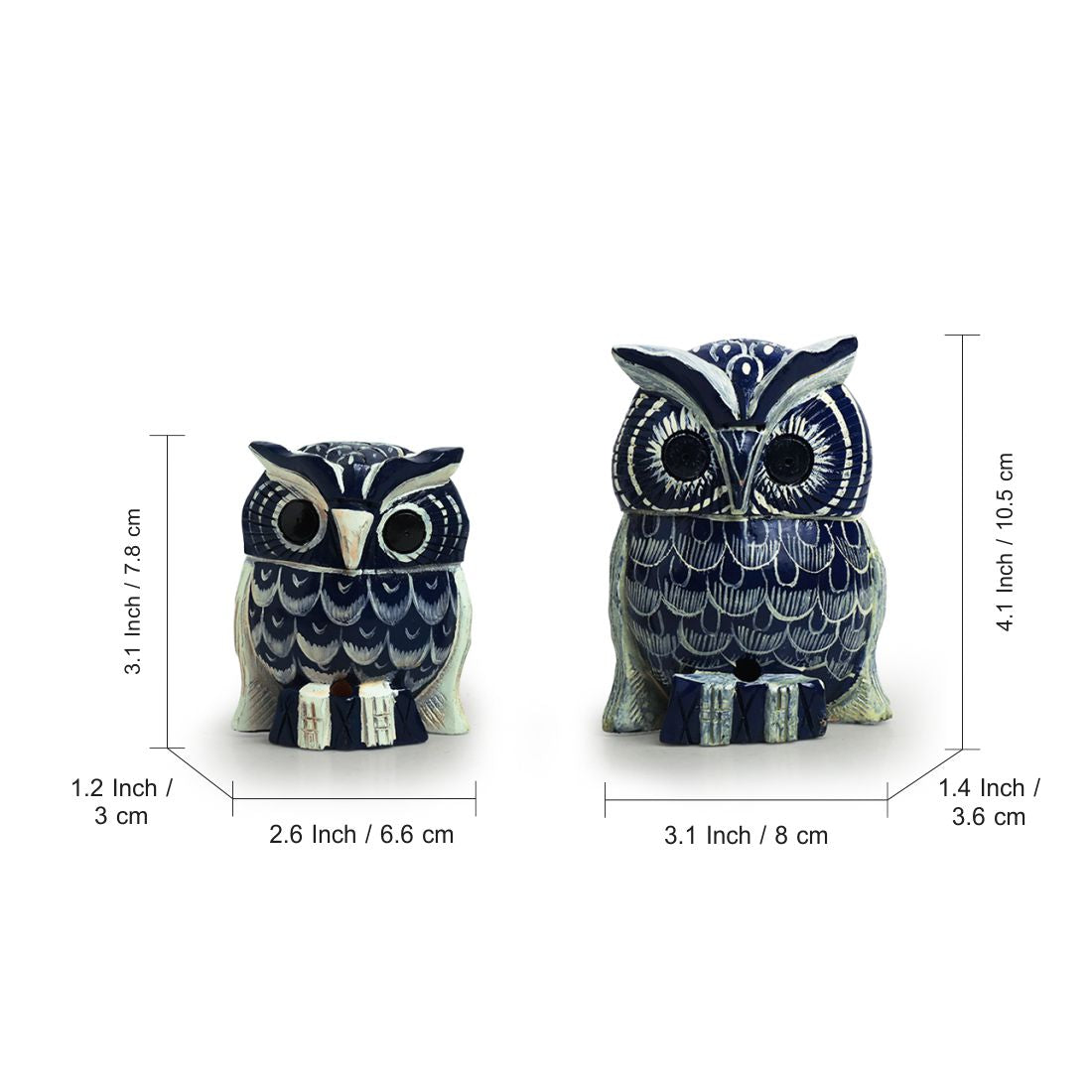 'The Resting Owl Pair' Handpainted Showpiece In Eucalyptus Wood (Set of 2)