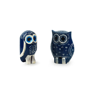 'The Silent Owl Pair' Handpainted Showpiece In Eucalyptus Wood (Set of 2)