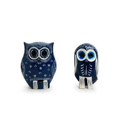 'The Silent Owl Pair' Handpainted Showpiece In Eucalyptus Wood (Set of 2)