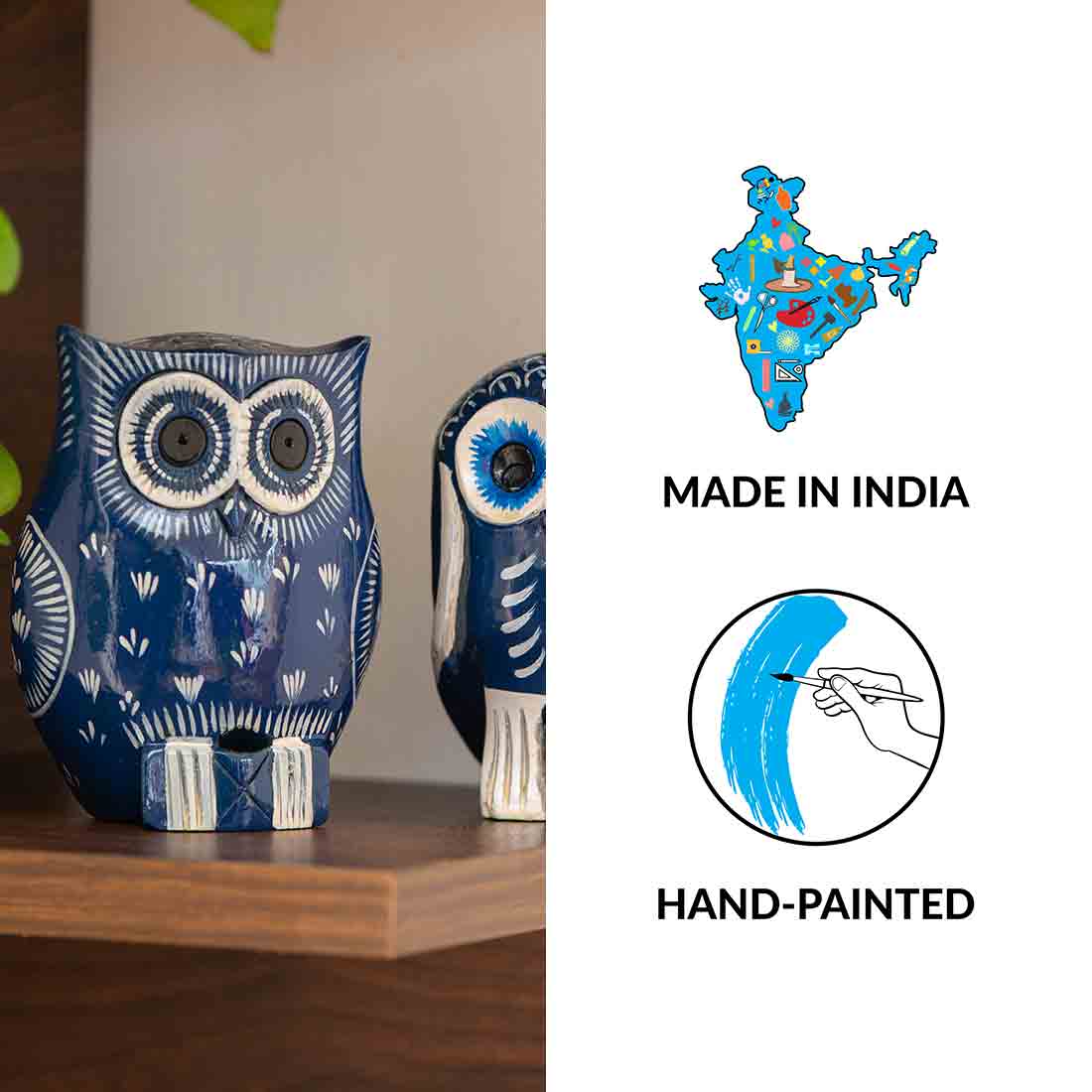 'The Silent Owl Pair' Handpainted Showpiece In Eucalyptus Wood (Set of 2)