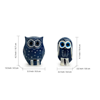 'The Silent Owl Pair' Handpainted Showpiece In Eucalyptus Wood (Set of 2)