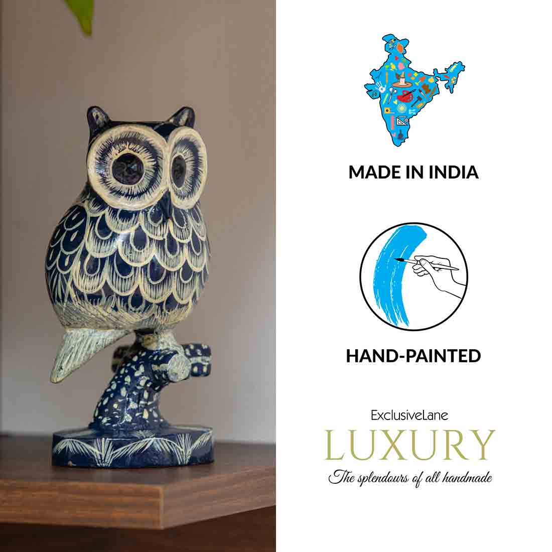 'The Consious Owl' Handpainted Showpiece In Eucalyptus Wood