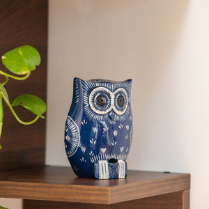 'The Enlightened Owl' Handpainted Showpiece In Eucalyptus Wood