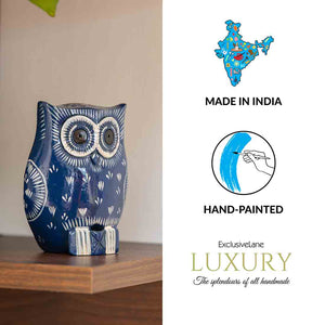 'The Enlightened Owl' Handpainted Showpiece In Eucalyptus Wood