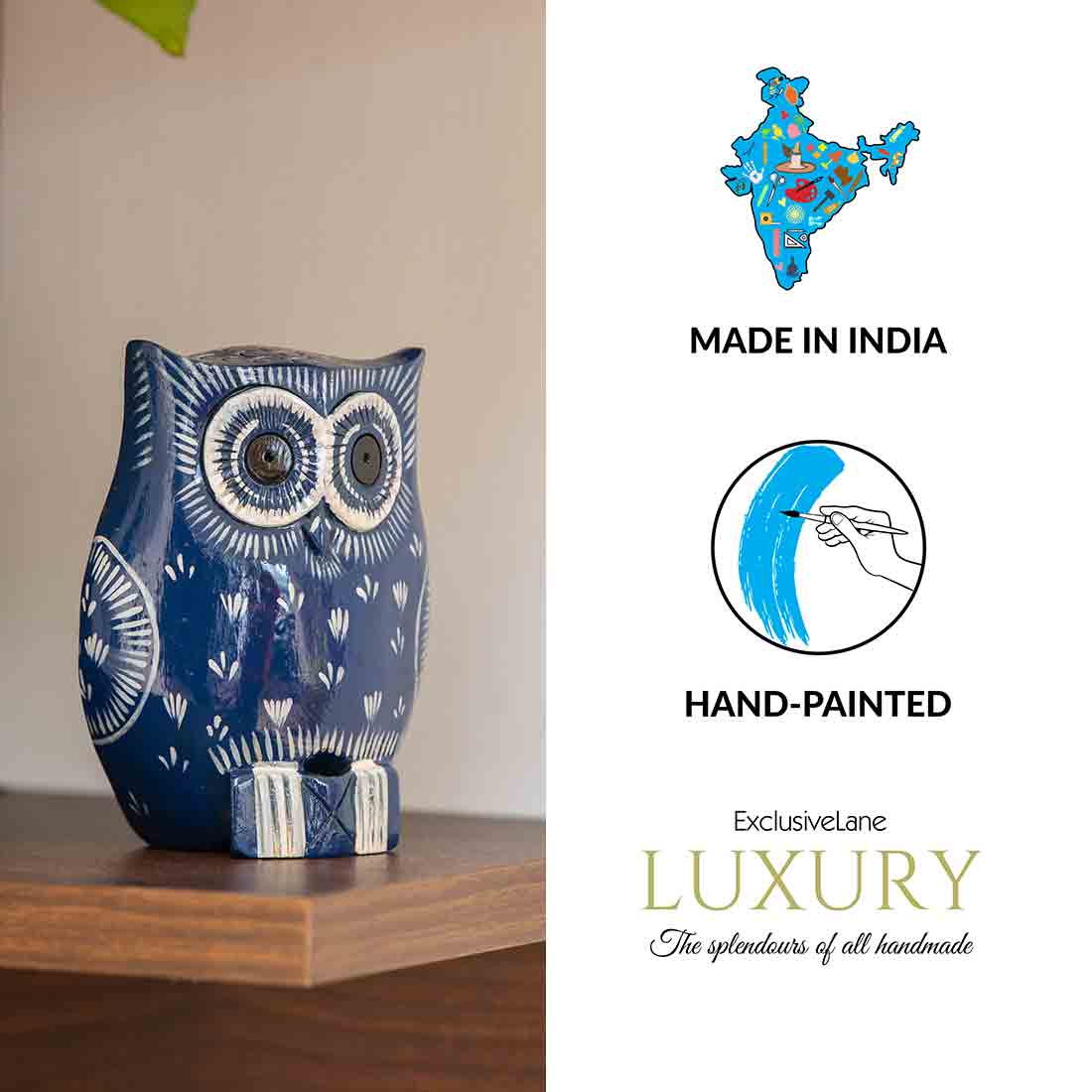 'The Enlightened Owl' Handpainted Showpiece In Eucalyptus Wood
