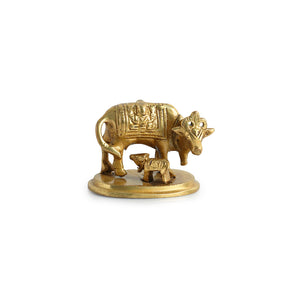 'Kamdhenu Cow With Calf' Brass Showpiece Idol (Hand-Etched, 0.3 Kg)