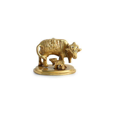 'Kamdhenu Cow With Calf' Brass Showpiece Idol (Hand-Etched, 0.3 Kg)