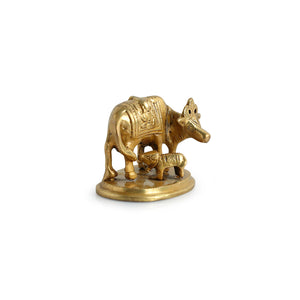 'Kamdhenu Cow With Calf' Brass Showpiece Idol (Hand-Etched, 0.3 Kg)