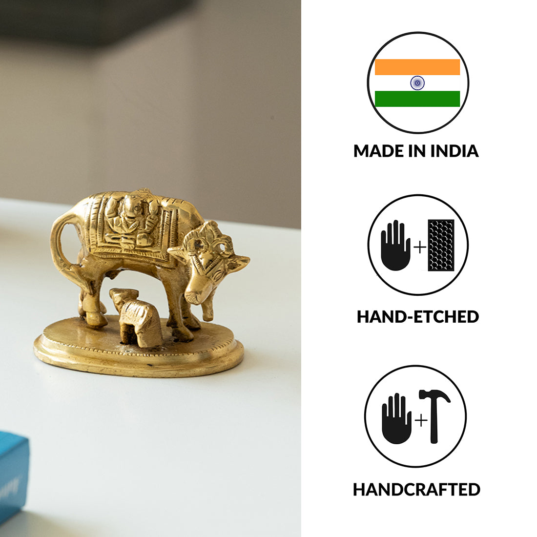 'Kamdhenu Cow With Calf' Brass Showpiece Idol (Hand-Etched, 0.3 Kg)