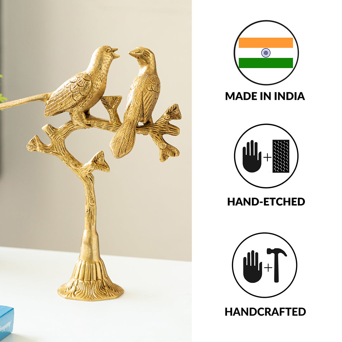 'Twin Bird' Carved Brass Showpiece (Hand-Etched, 1.0 Kg)