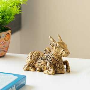 'Nandi' Carved Brass Showpiece Idol (Hand-Etched, 0.9 Kg)